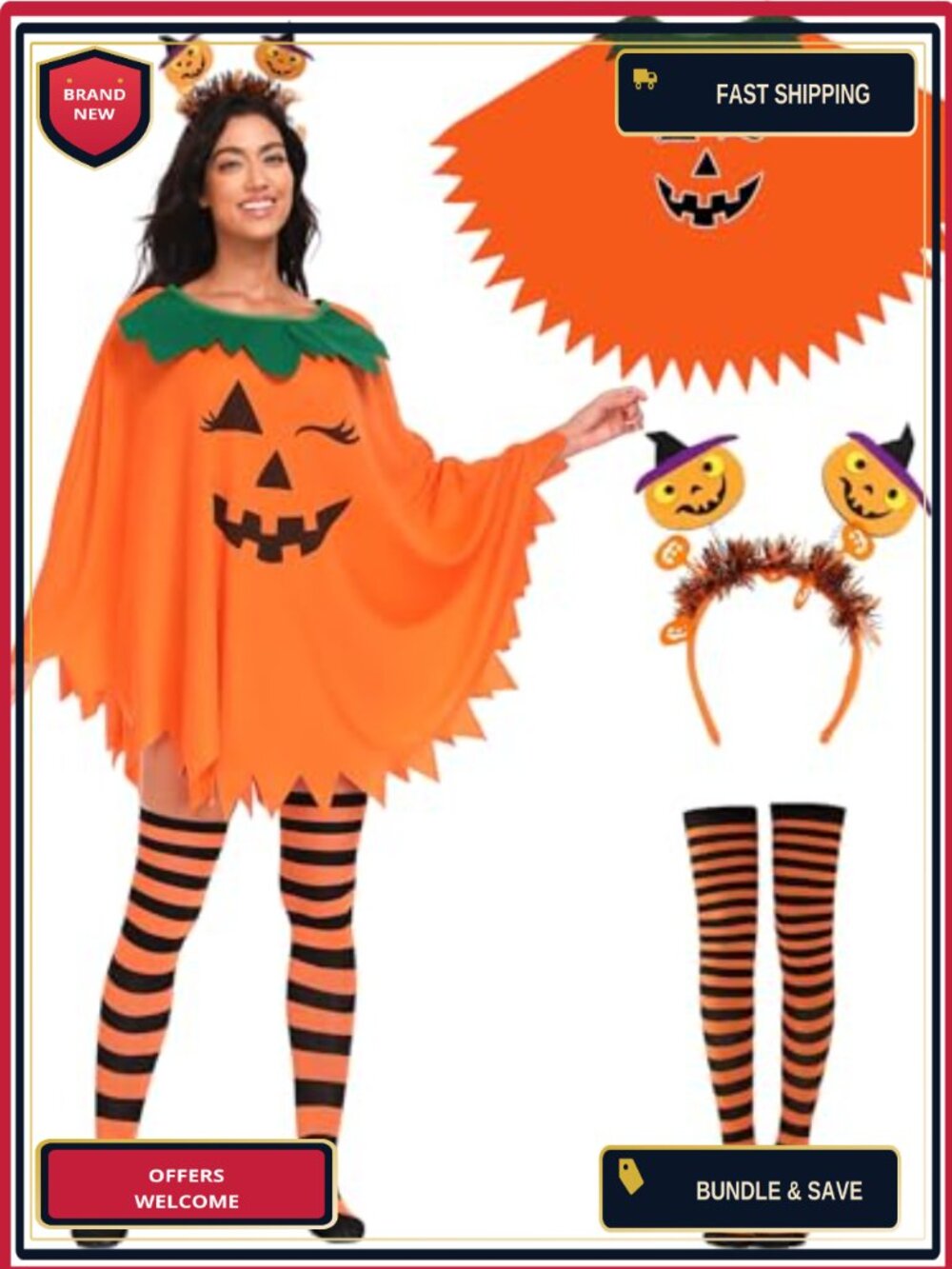 3 PC Halloween Pumpkin Poncho Costume Set Headband Knee-High Socks Women